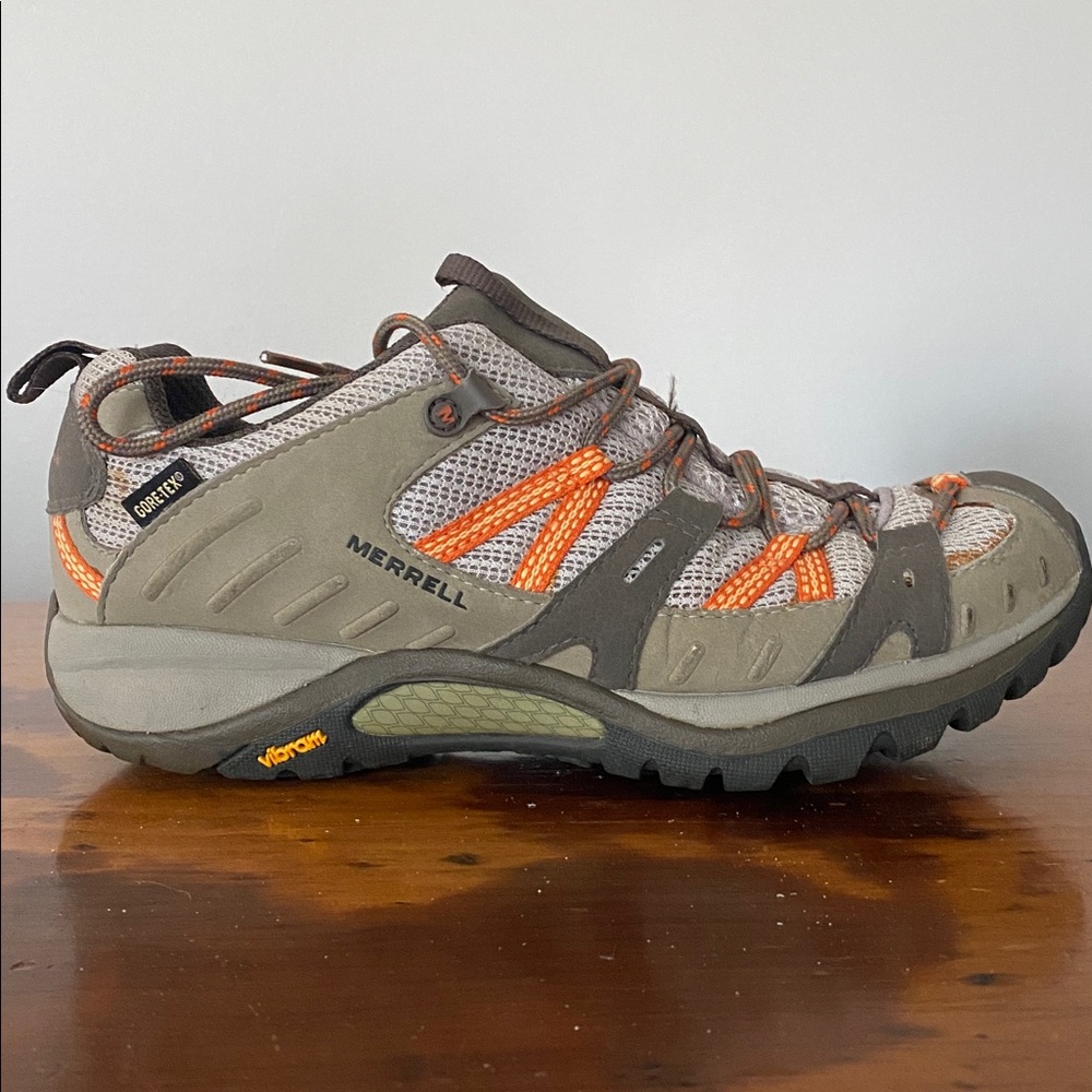 Merrell Women's Hiking Shoe in Olive/Tan with Orange Accents